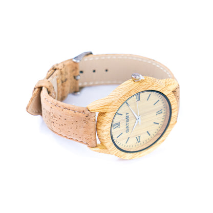 Unisex stylish cork watch with Roman numerals and warm wood grain dial WA-456