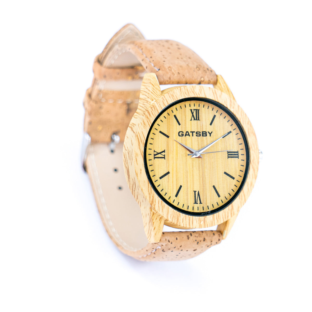 Unisex stylish cork watch with Roman numerals and warm wood grain dial WA-456
