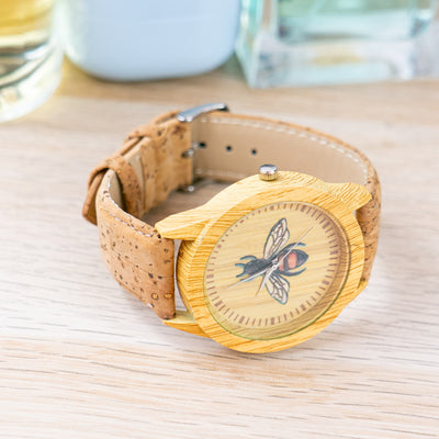 Women's Fashion Watch with Bee Motif Dial and Natural Cork Strap WA-455