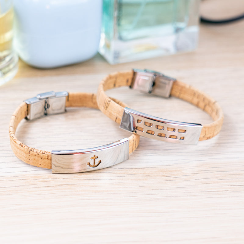Handmade Unisex Bracelet – 10mm Flat natural Cork Cord with Stainless Steel Hardware DBR-054-MIX-4