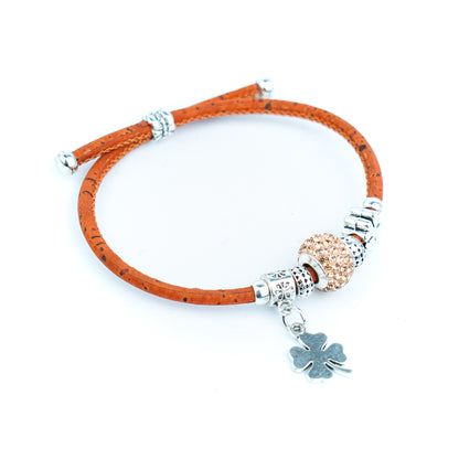 Portuguese Handmade Colored Cork Bracelet with Rhinestone Bead &amp; Four-Leaf Clover CharmsDBR-063-MIX-6