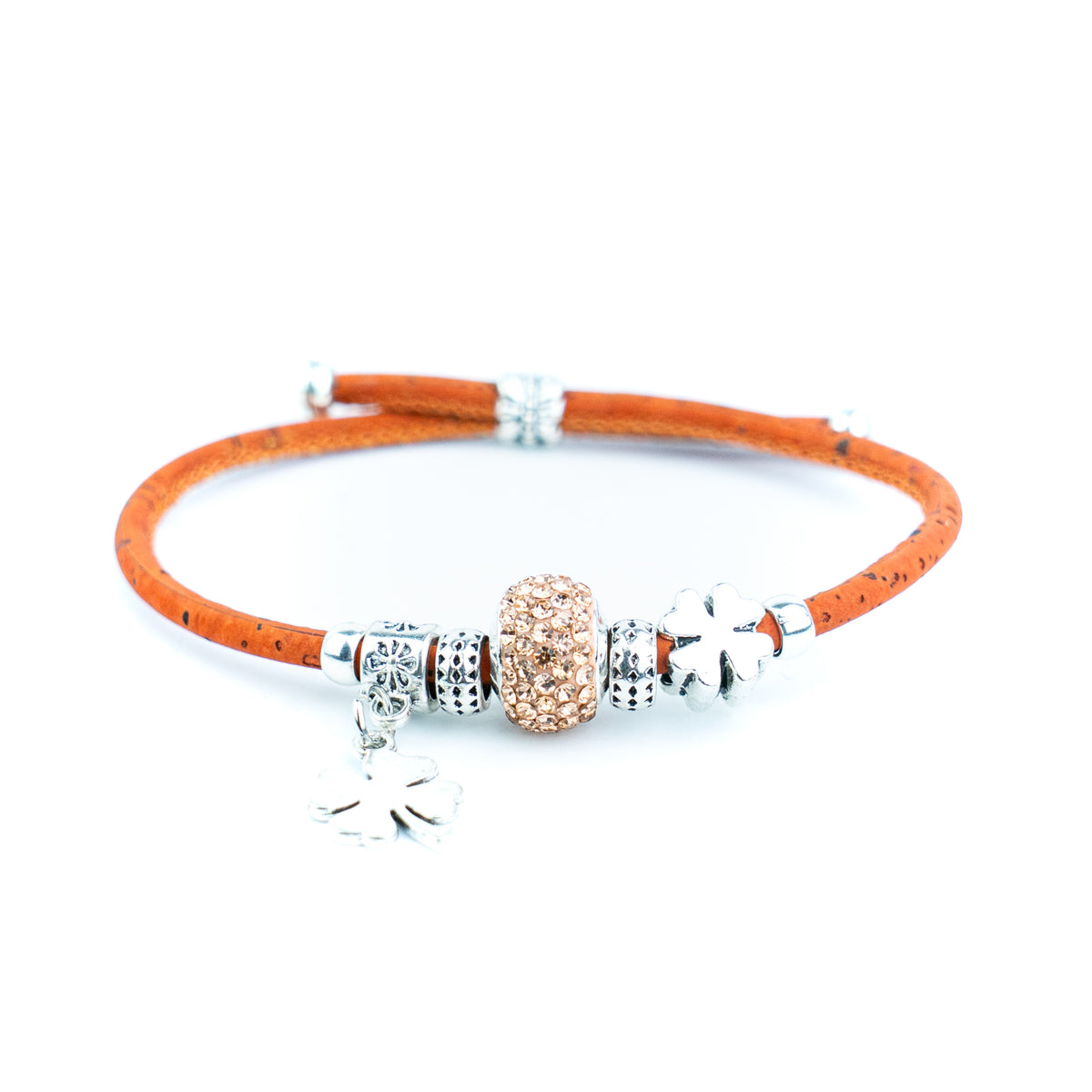 Portuguese Handmade Colored Cork Bracelet with Rhinestone Bead &amp; Four-Leaf Clover CharmsDBR-063-MIX-6