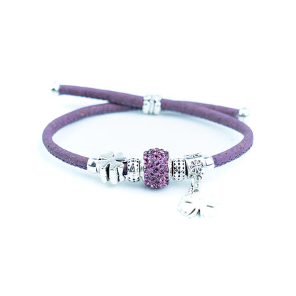 Portuguese Handmade Colored Cork Bracelet with Rhinestone Bead &amp; Four-Leaf Clover CharmsDBR-063-MIX-6