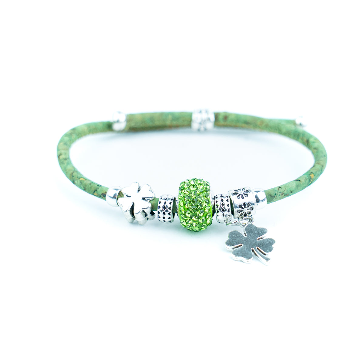 Portuguese Handmade Colored Cork Bracelet with Rhinestone Bead &amp; Four-Leaf Clover CharmsDBR-063-MIX-6