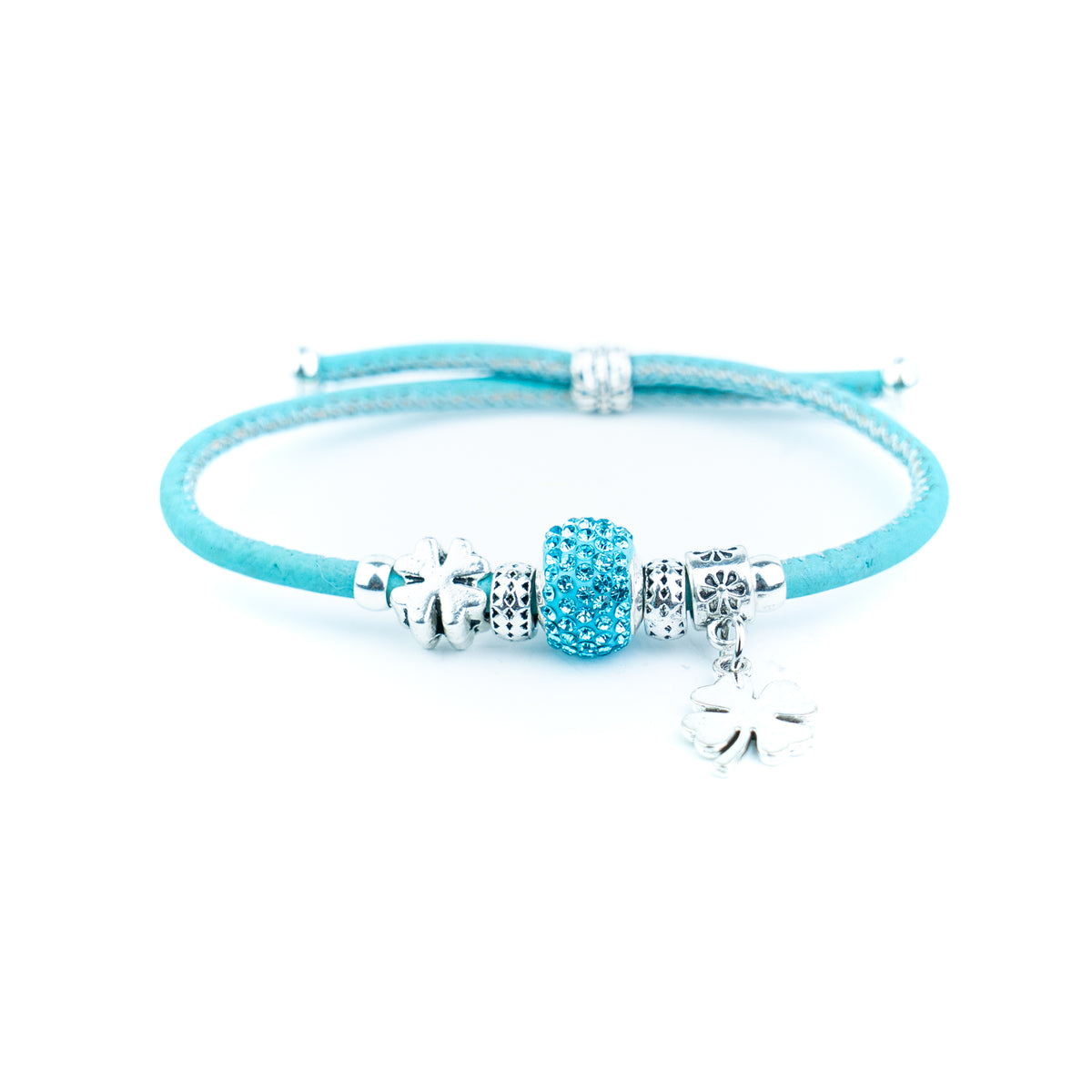 Portuguese Handmade Colored Cork Bracelet with Rhinestone Bead &amp; Four-Leaf Clover CharmsDBR-063-MIX-6