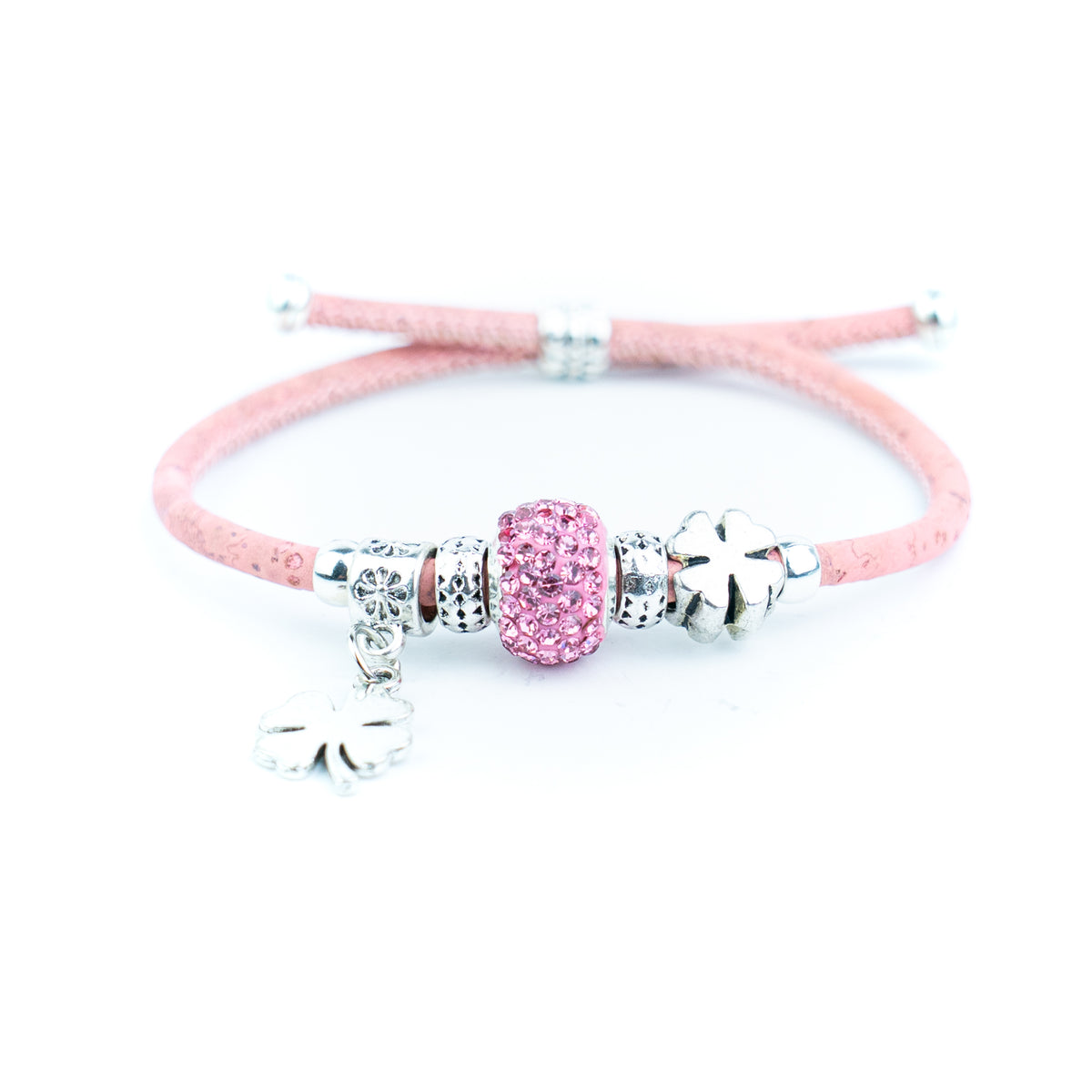 Portuguese Handmade Colored Cork Bracelet with Rhinestone Bead &amp; Four-Leaf Clover CharmsDBR-063-MIX-6