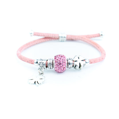 Portuguese Handmade Colored Cork Bracelet with Rhinestone Bead &amp; Four-Leaf Clover CharmsDBR-063-MIX-6