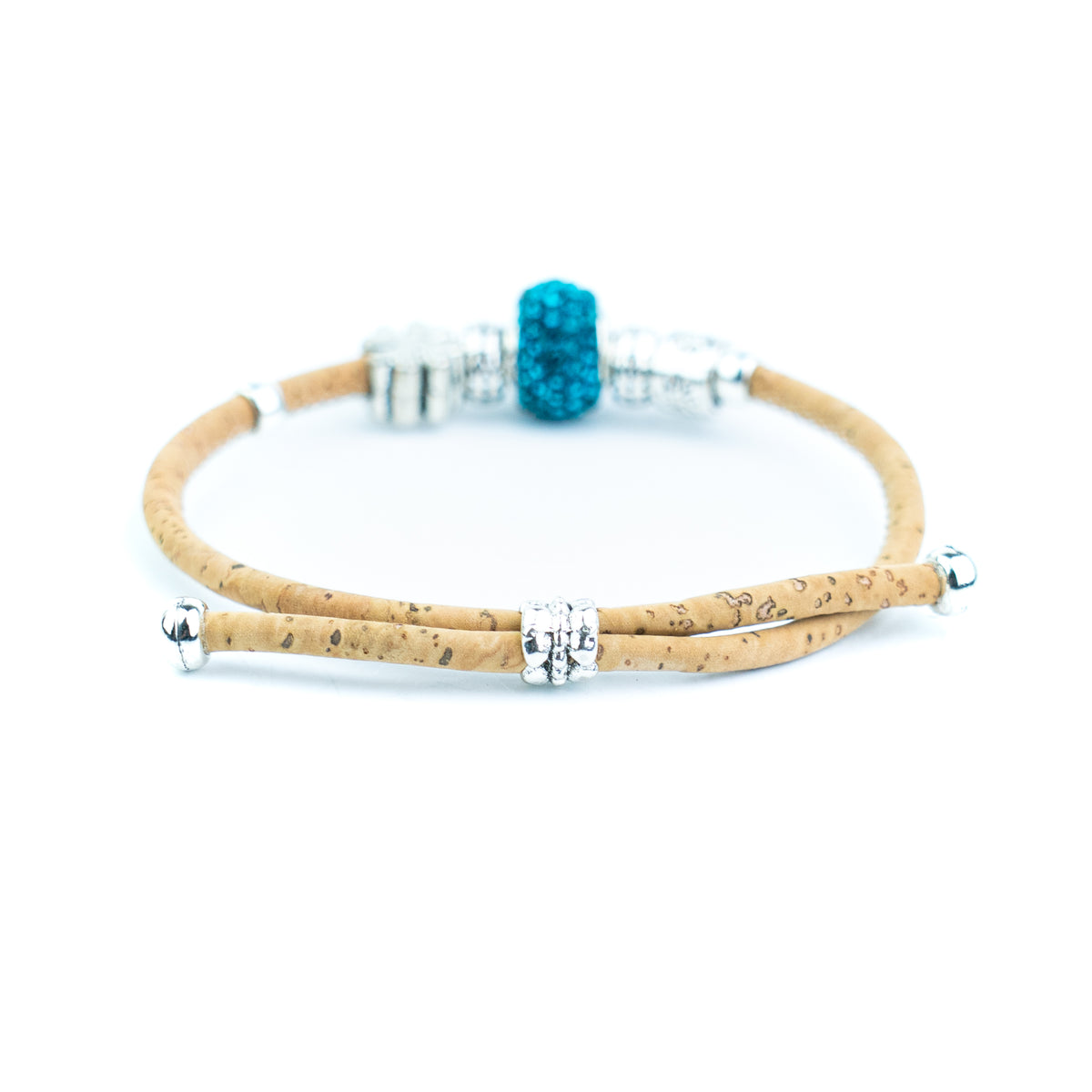 Portuguese Handmade Natural Cork Bracelet with Rhinestone Bead &amp; Four-Leaf Clover Charms– Pack of 4-DBR-062-MIX-4