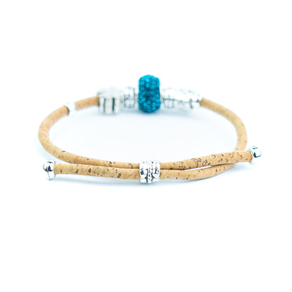 Portuguese Handmade Natural Cork Bracelet with Rhinestone Bead &amp; Four-Leaf Clover Charms– Pack of 4-DBR-062-MIX-4