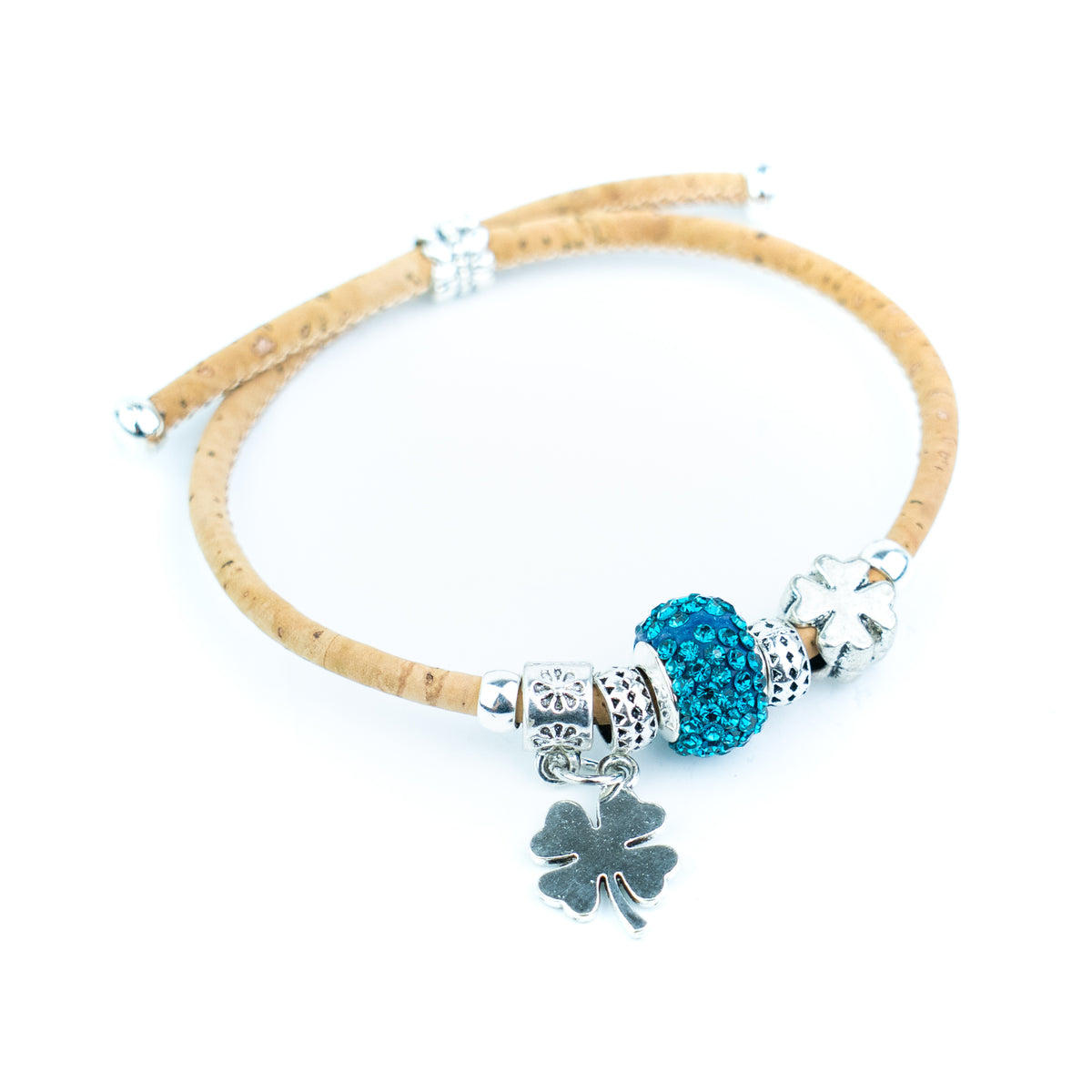 Portuguese Handmade Natural Cork Bracelet with Rhinestone Bead &amp; Four-Leaf Clover Charms– Pack of 4-DBR-062-MIX-4