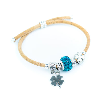 Portuguese Handmade Natural Cork Bracelet with Rhinestone Bead &amp; Four-Leaf Clover Charms– Pack of 4-DBR-062-MIX-4
