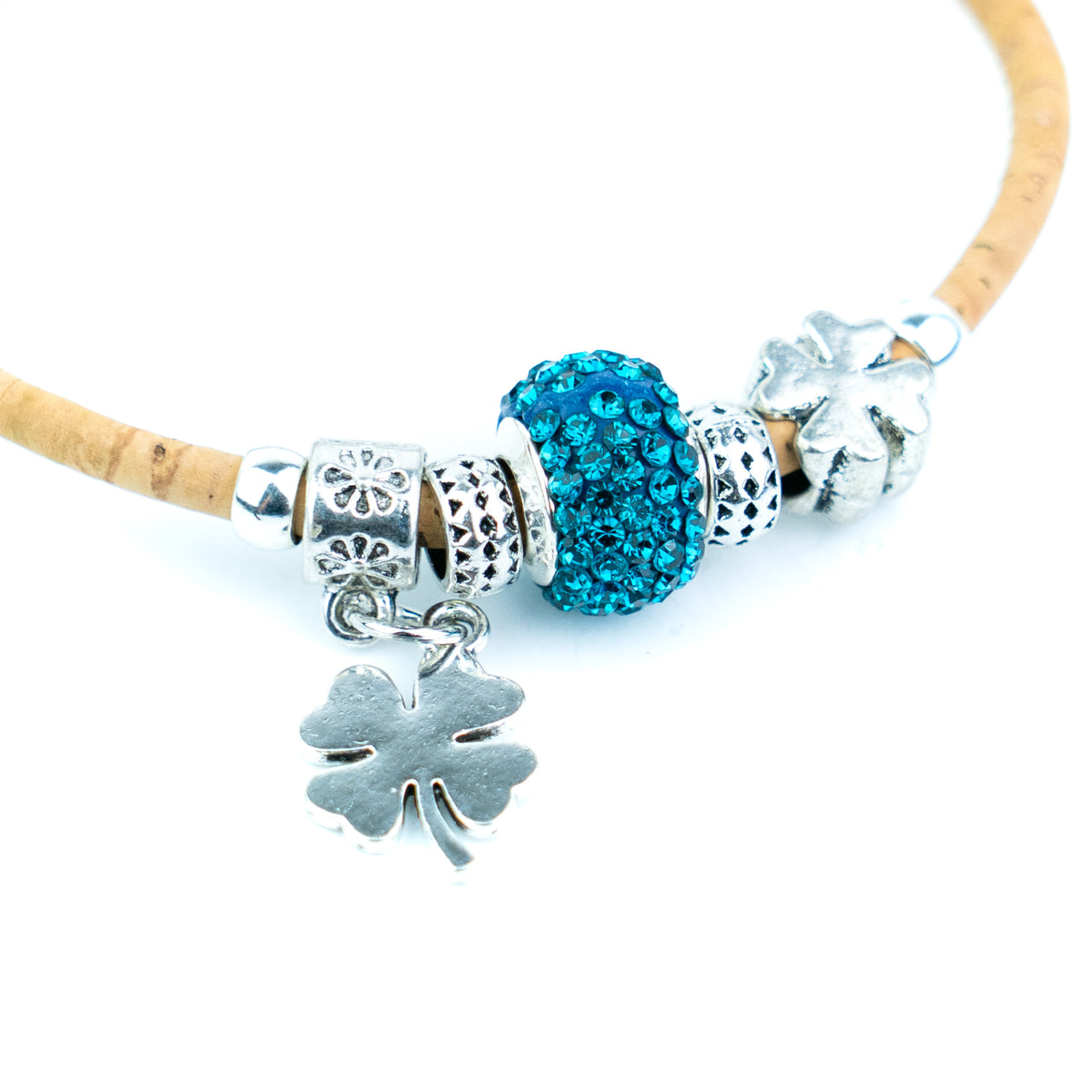 Portuguese Handmade Natural Cork Bracelet with Rhinestone Bead &amp; Four-Leaf Clover Charms– Pack of 4-DBR-062-MIX-4