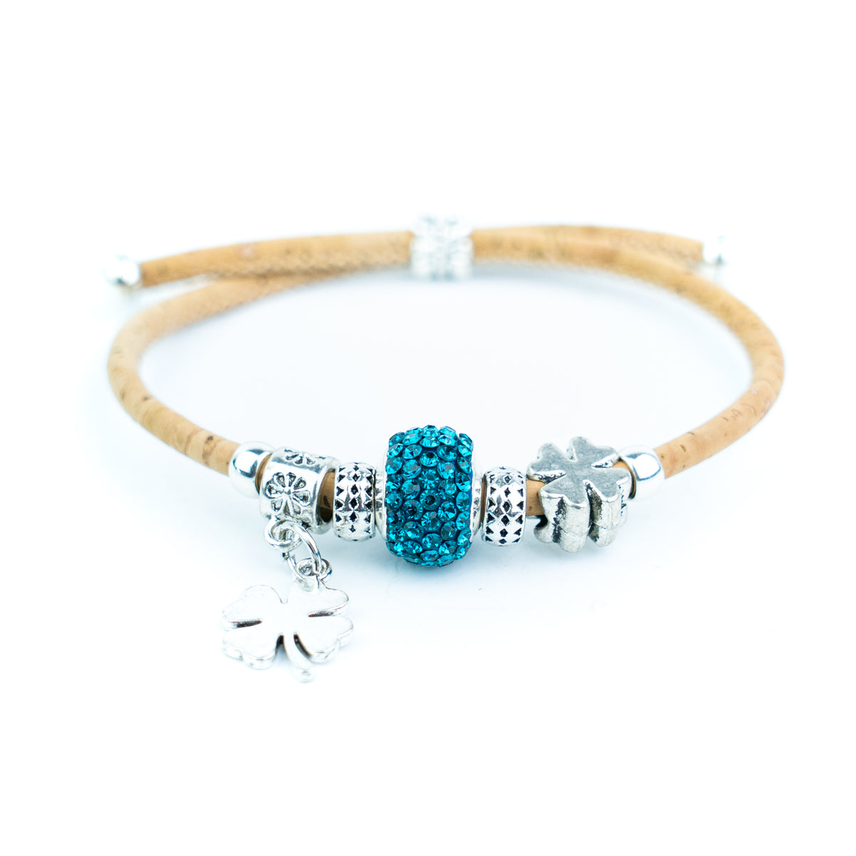 Portuguese Handmade Natural Cork Bracelet with Rhinestone Bead &amp; Four-Leaf Clover Charms– Pack of 4-DBR-062-MIX-4