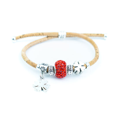 Portuguese Handmade Natural Cork Bracelet with Rhinestone Bead &amp; Four-Leaf Clover Charms– Pack of 4-DBR-062-MIX-4