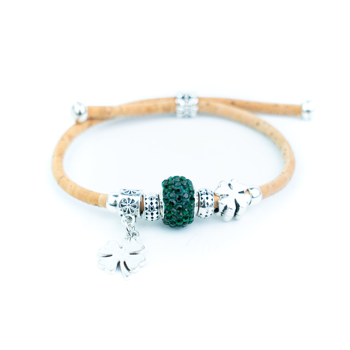 Portuguese Handmade Natural Cork Bracelet with Rhinestone Bead &amp; Four-Leaf Clover Charms– Pack of 4-DBR-062-MIX-4