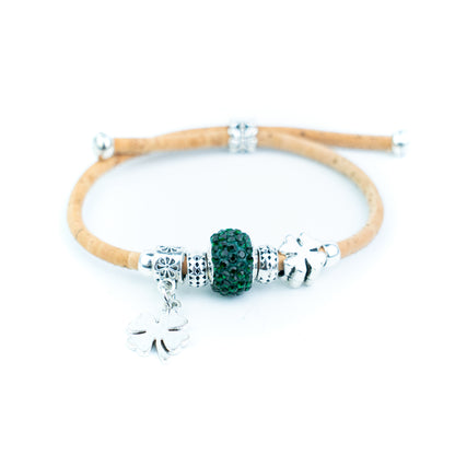 Portuguese Handmade Natural Cork Bracelet with Rhinestone Bead &amp; Four-Leaf Clover Charms– Pack of 4-DBR-062-MIX-4