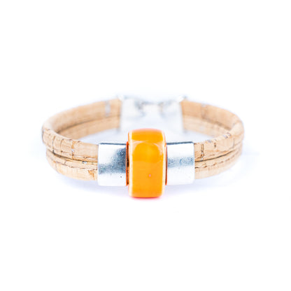 5mm flat natural color cork wire and colorful ceramic beads handmade women's bracelet BR-452-MIX-6