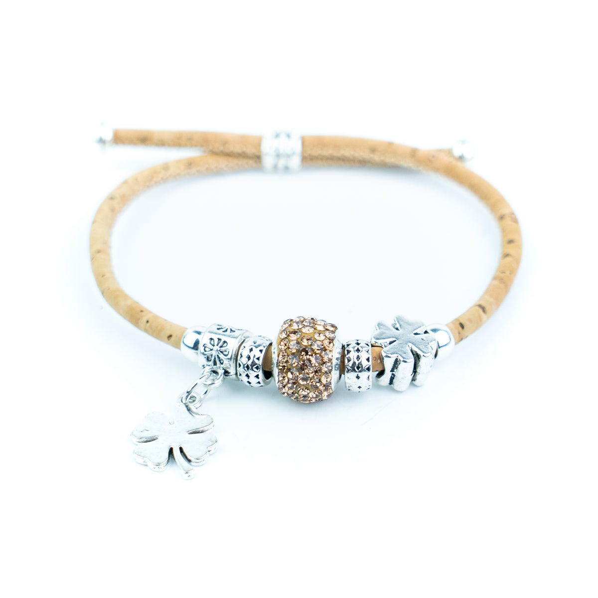 Portuguese Handmade Natural Cork Bracelet with Rhinestone Bead &amp; Four-Leaf Clover Charms– Pack of 4-DBR-062-MIX-4