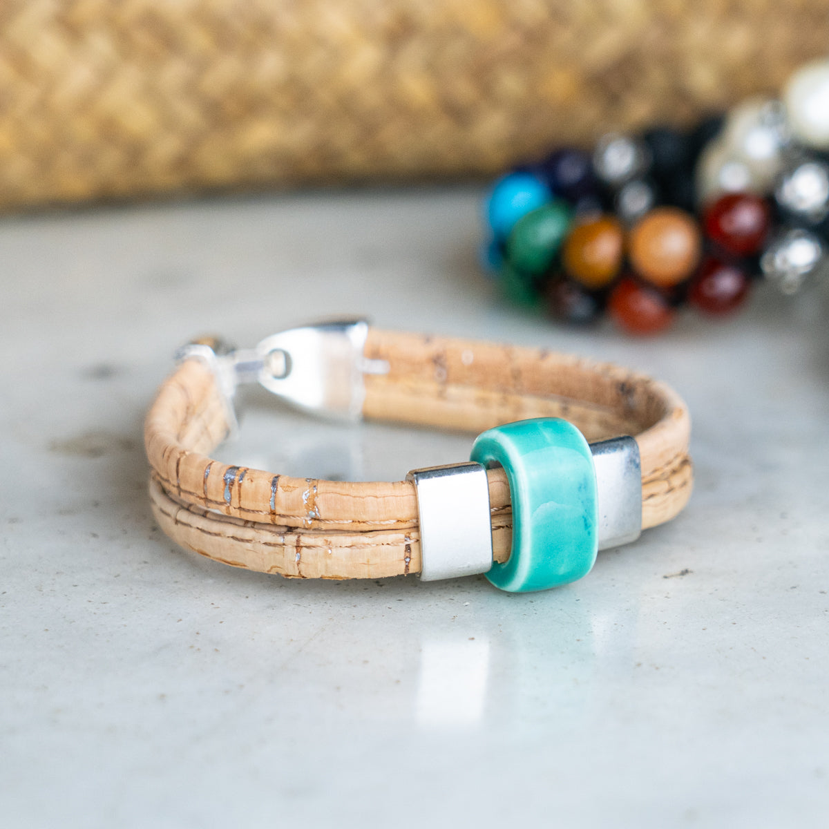 5mm flat natural color cork wire and colorful ceramic beads handmade women's bracelet BR-452-MIX-6