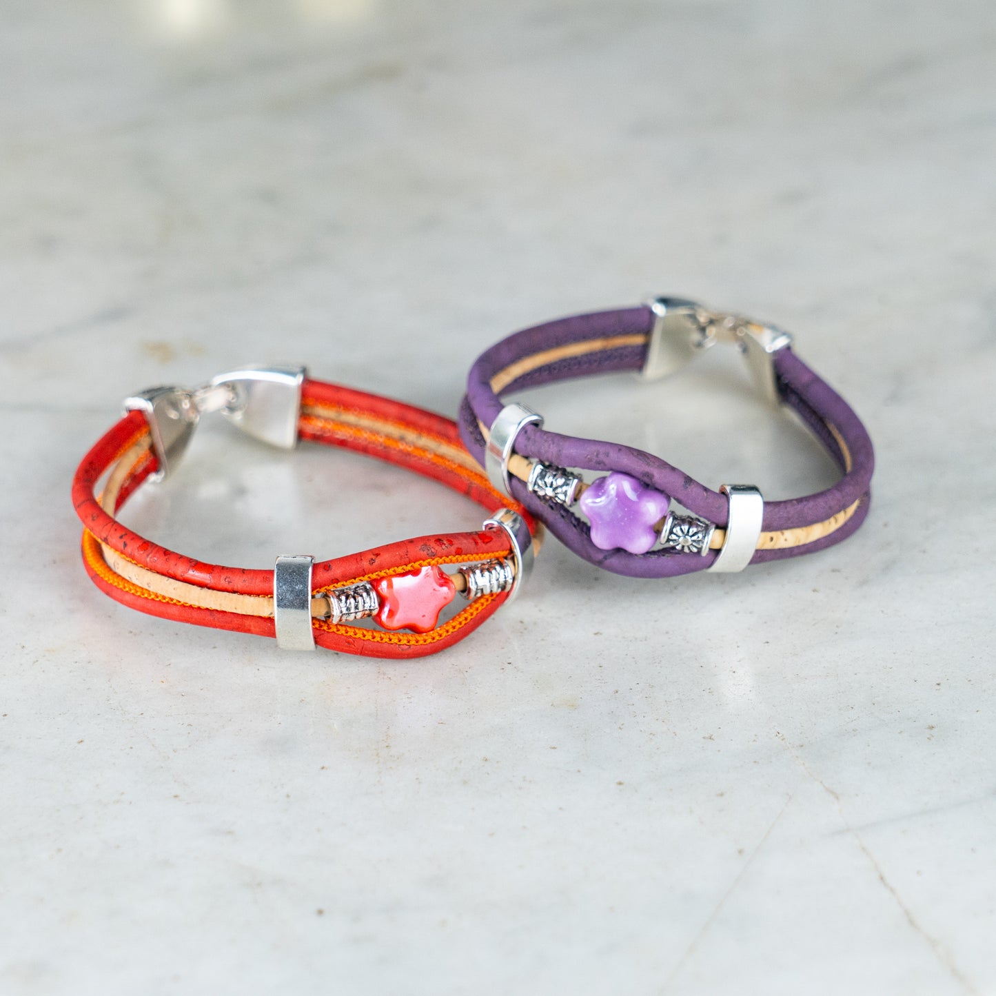 Two-color cork line ceramic flower bead bracelet  BR-097-MIX-5