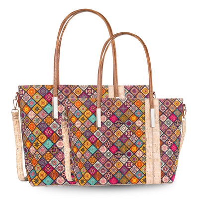 Set of 2 Printed Cork Handbags – Large & Small Tote Bag Combo BAGD-481A