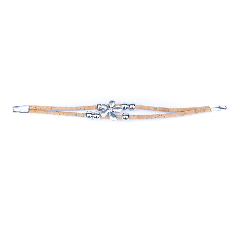 Natural cork cord Handmade Cork Bracelet with Alloy Flowers BR-423-MIX-5