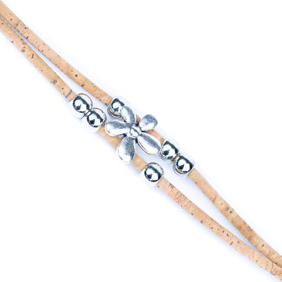 Natural cork cord Handmade Cork Bracelet with Alloy Flowers BR-423-MIX-5