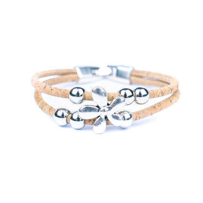 Natural cork cord Handmade Cork Bracelet with Alloy Flowers BR-423-MIX-5