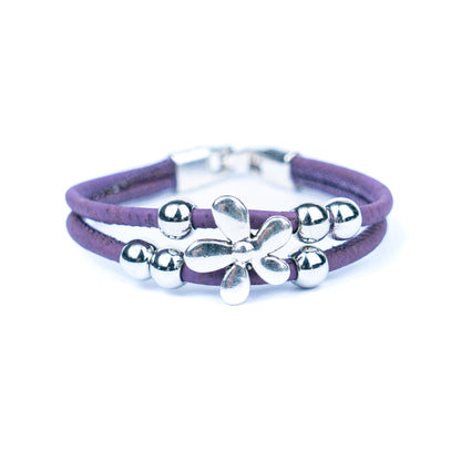 Natural cork cord Handmade Cork Bracelet with Alloy Flowers BR-423-MIX-5