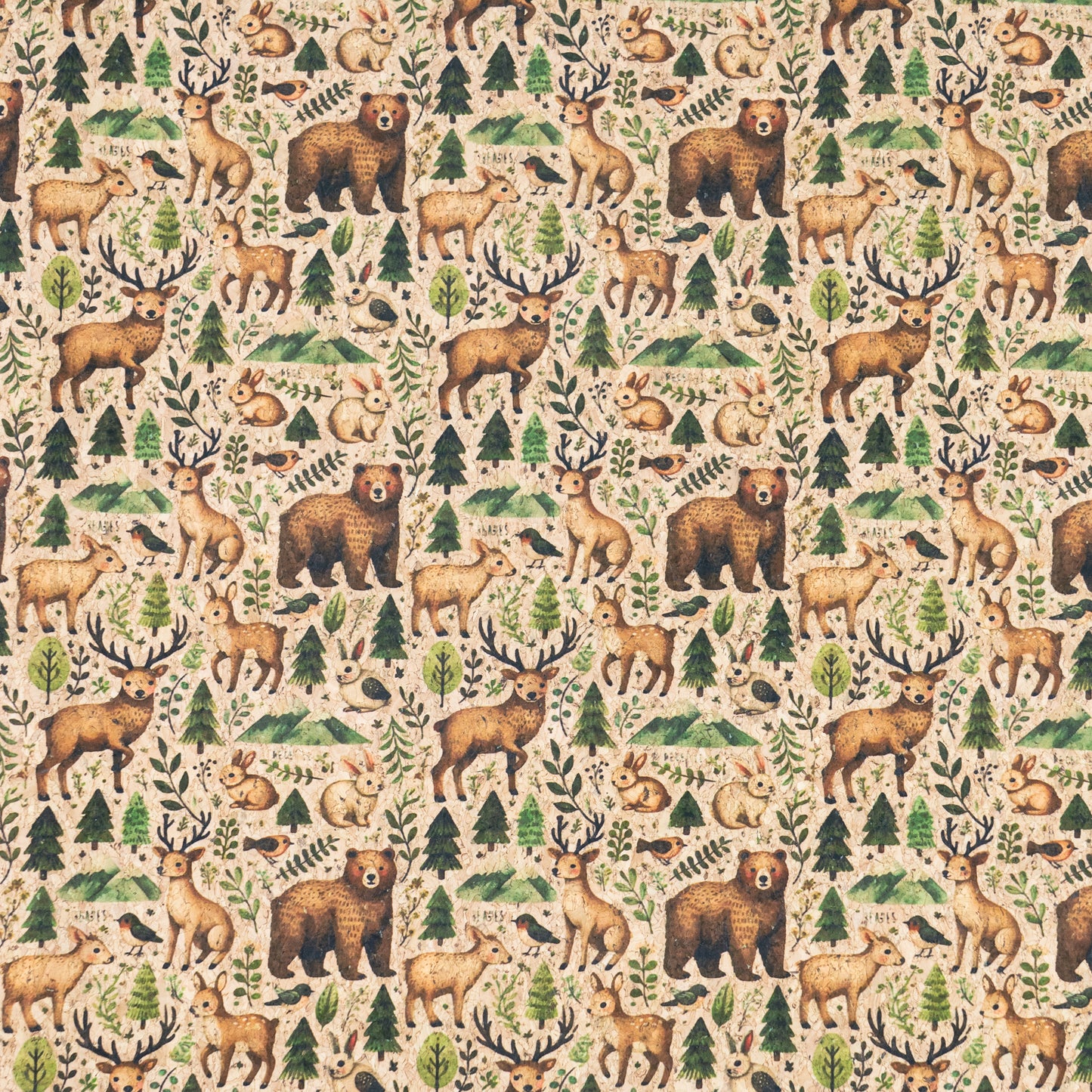 Woods Animal Pattern with Bears and Deers Cork Fabric COF-774