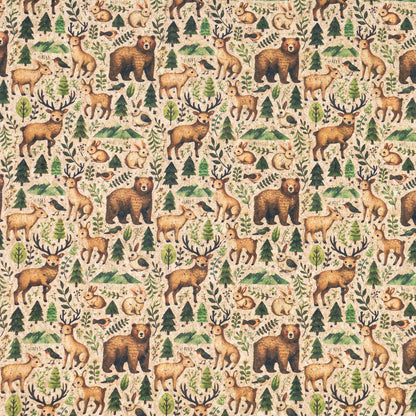 Woods Animal Pattern with Bears and Deers Cork Fabric COF-774