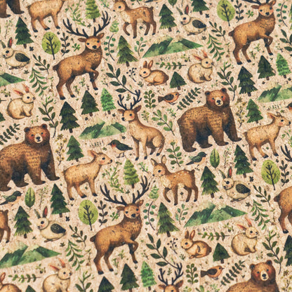 Woods Animal Pattern with Bears and Deers Cork Fabric COF-774