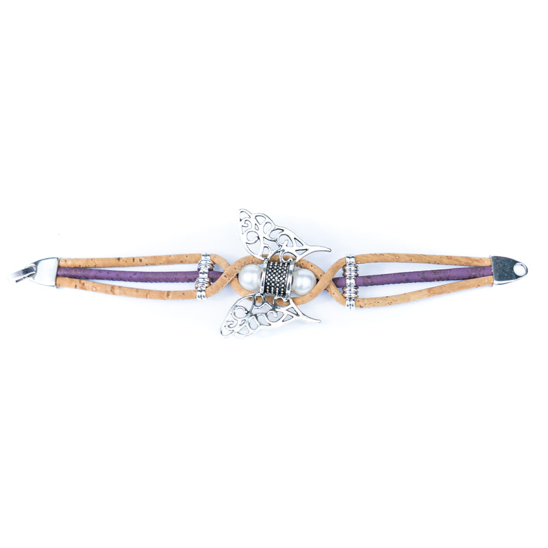 Handmade Cork Bracelet with Filigree Butterfly and Pearl Beads BR-189-MIX-5
