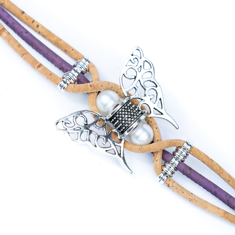Handmade Cork Bracelet with Filigree Butterfly and Pearl Beads BR-189-MIX-5