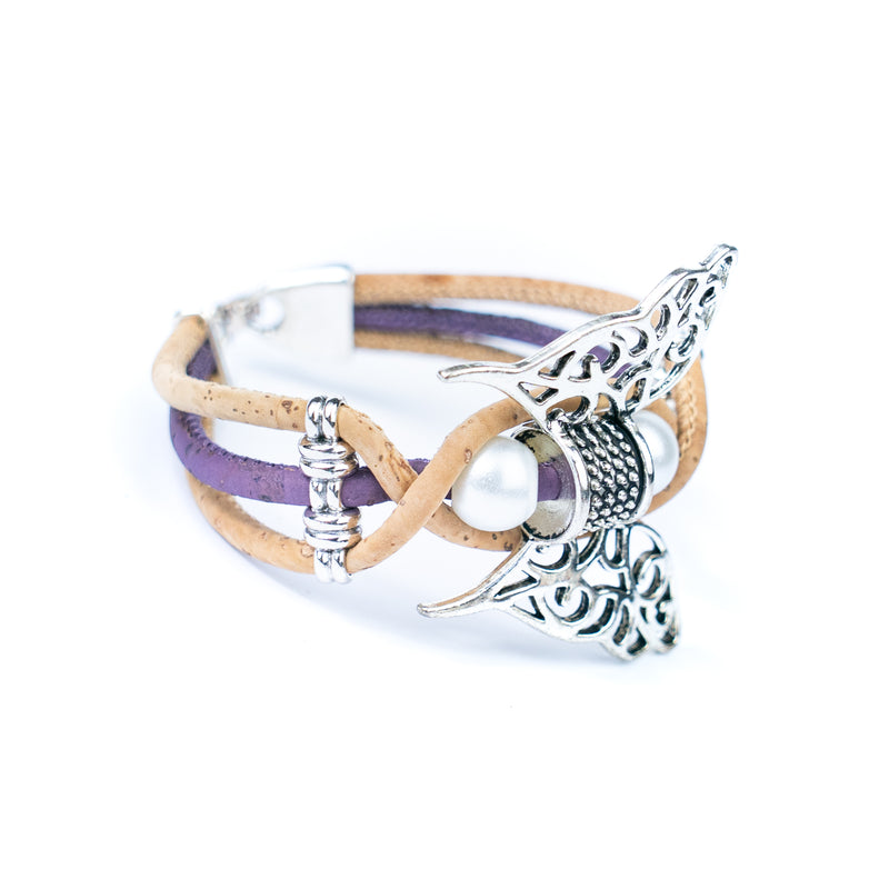 Handmade Cork Bracelet with Filigree Butterfly and Pearl Beads BR-189-MIX-5