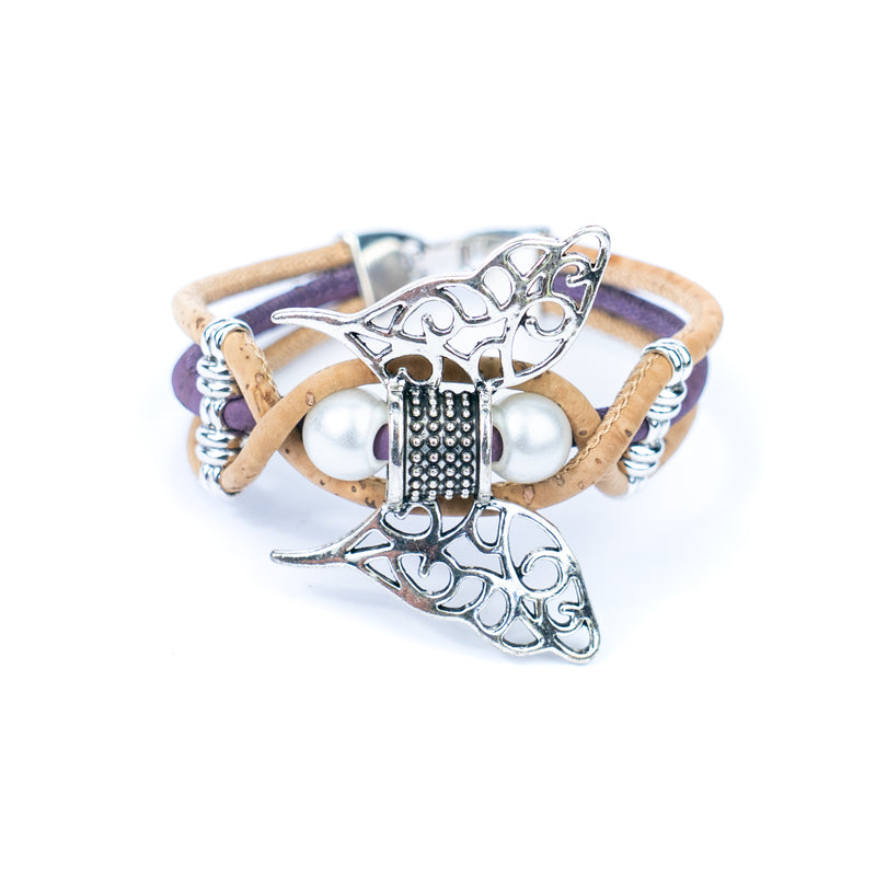 Handmade Cork Bracelet with Filigree Butterfly and Pearl Beads BR-189-MIX-5