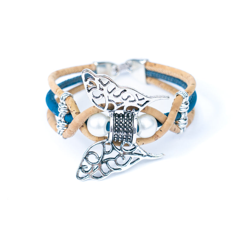 Handmade Cork Bracelet with Filigree Butterfly and Pearl Beads BR-189-MIX-5