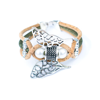 Handmade Cork Bracelet with Filigree Butterfly and Pearl Beads BR-189-MIX-5