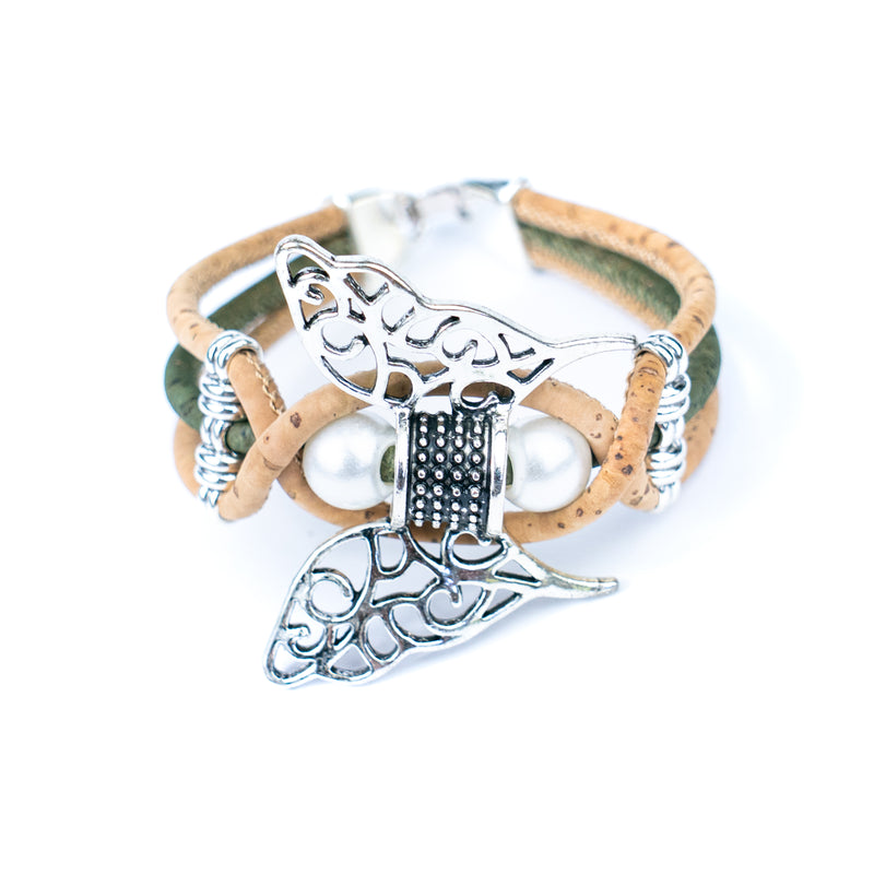 Handmade Cork Bracelet with Filigree Butterfly and Pearl Beads BR-189-MIX-5