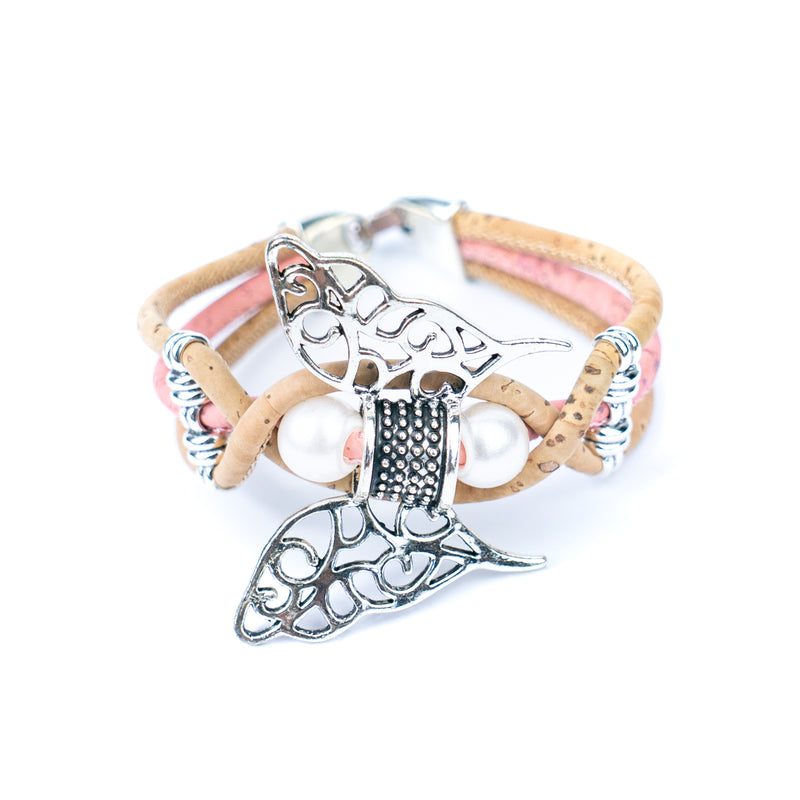 Handmade Cork Bracelet with Filigree Butterfly and Pearl Beads BR-189-MIX-5