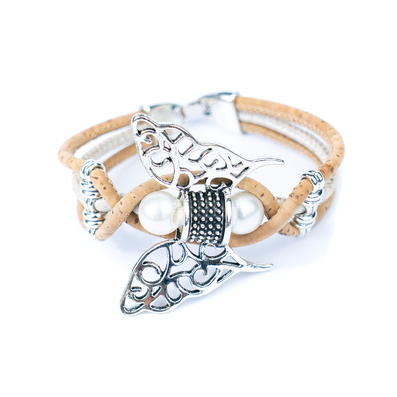 Handmade Cork Bracelet with Filigree Butterfly and Pearl Beads BR-189-MIX-5
