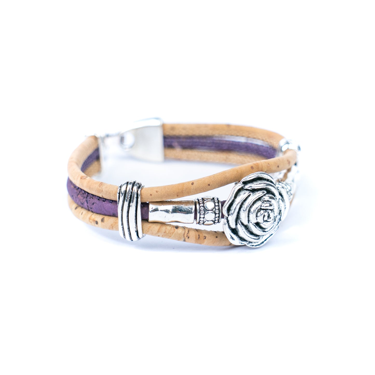 Natural cork cord and alloy hardware rose flower handmade women's bracelet  BR-451-MIX-5