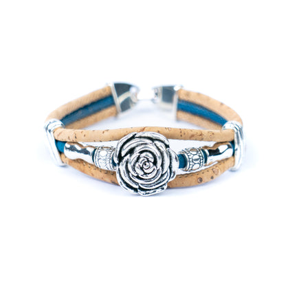 Natural cork cord and alloy hardware rose flower handmade women's bracelet  BR-451-MIX-5