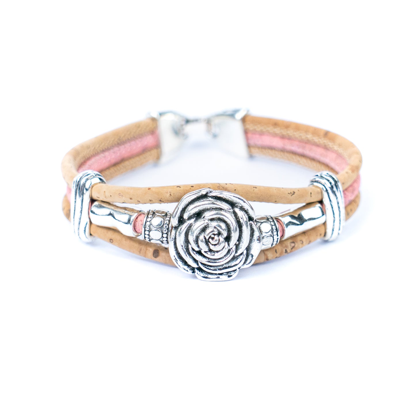 Natural cork cord and alloy hardware rose flower handmade women's bracelet  BR-451-MIX-5