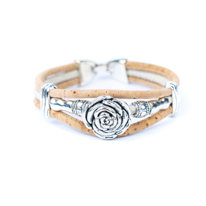 Natural cork cord and alloy hardware rose flower handmade women's bracelet  BR-451-MIX-5