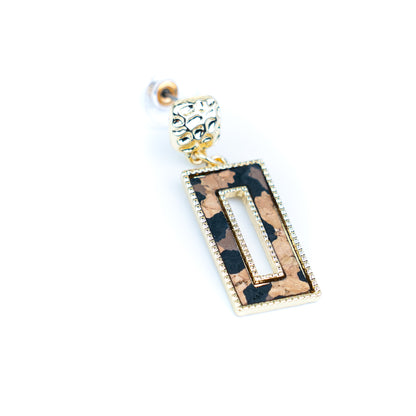 Tri-color natural cork geometric cutout rectangular gold earrings  – Pack of 6Pairs-ER-214-MIX-6