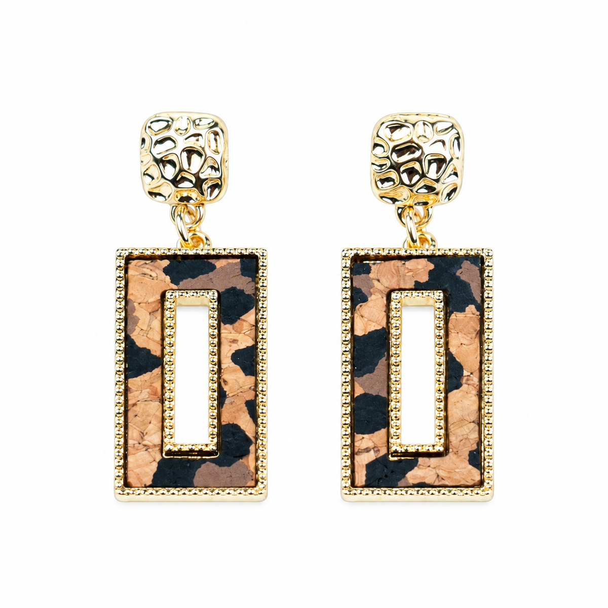 Tri-color natural cork geometric cutout rectangular gold earrings  – Pack of 6Pairs-ER-214-MIX-6