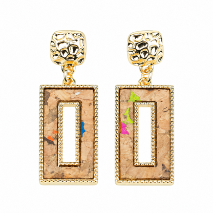 Tri-color natural cork geometric cutout rectangular gold earrings  – Pack of 6Pairs-ER-214-MIX-6