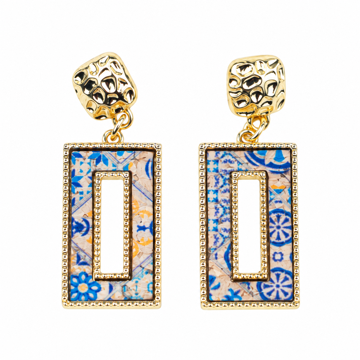 Tri-color natural cork geometric cutout rectangular gold earrings  – Pack of 6Pairs-ER-214-MIX-6
