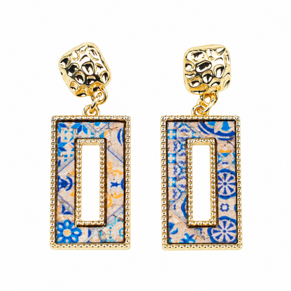 Tri-color natural cork geometric cutout rectangular gold earrings  – Pack of 6Pairs-ER-214-MIX-6